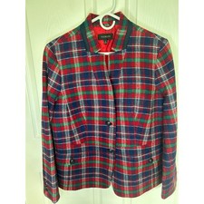 Talbots Womens Red Green Plaid Wool Blend Blazer Jacket Size 14 Holiday Tartan