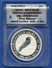 1990-2015 ANACS MS70 DCAM Australia Kookaburra 1oz .999 Silver $1 First Release