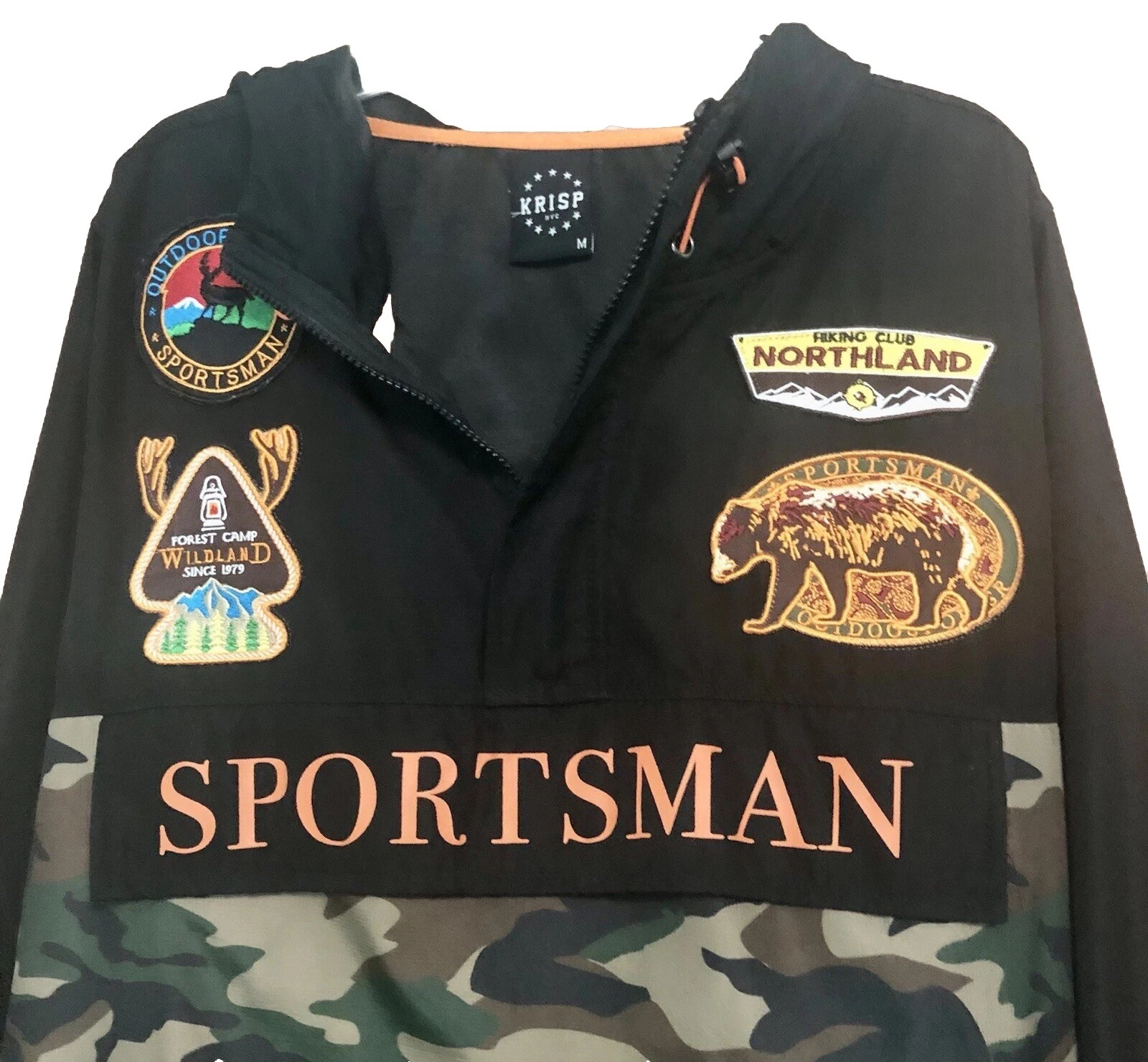 Krisp NYC Sportsman Camo Hoodie, Mens, Medium, 1/4 Zip, Long Sleeve, Patches