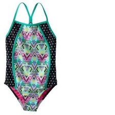 Girls Speedo Swimsuit 14 Black Dot Blue Geo 1 Pc Silicone Gripper Racerback