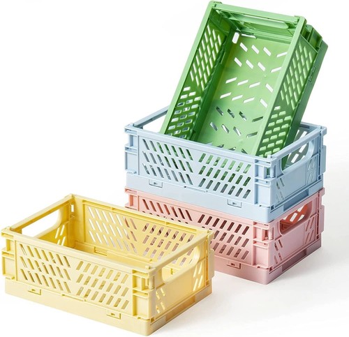 UK Folding Collapsible Storage Crates Plastic Basket Stacking Kitchen Desk Boxes - Picture 1 of 24