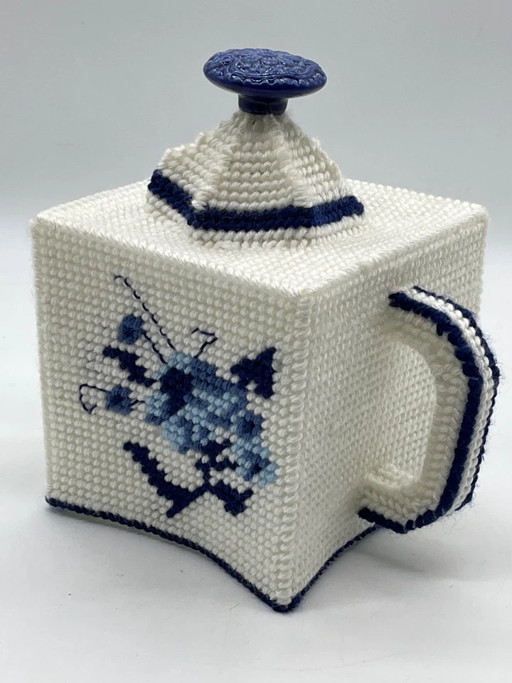 Tetera artesanal Delft azul y blanco punta de aguja cubierta de caja de pañuelos con floral Foto 2 de 4