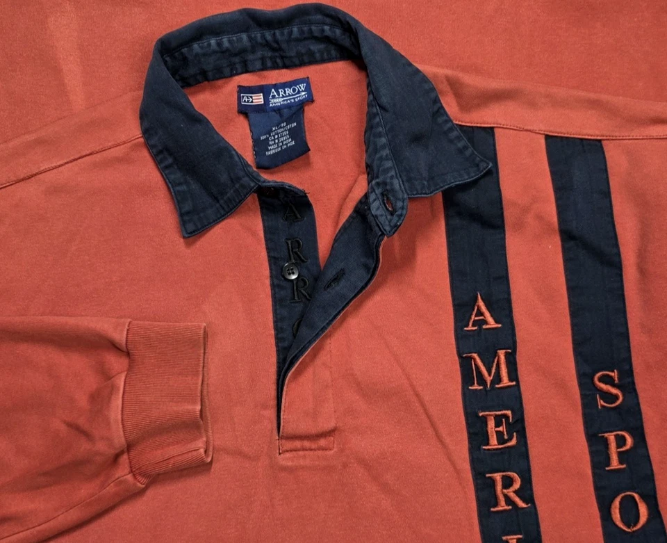 Vtg 90 Arrow Sport Rugby Polo Embroider Logo Long Sleeve Shirt Mens XL Orange - Image 3 of 4