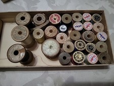 Vintage Lot of 28 Old Wooden Sewing Thread Spools, With Thread On Spools