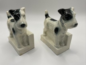 Vintage Standing Fox Terrier Dog Porcelain Bookends Stamped Germany #1728 Rare