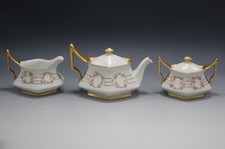 TRESSEMAN VOGT LIMOGES TEA SET TEAPOT SUGAR AND CREAMER PINK ROSES ANTIQUE