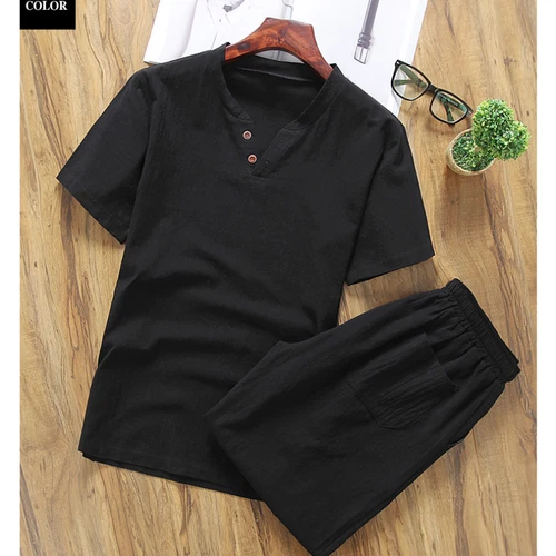 Herren Shorts Baumwolle Leinen Sommer Set 2er Set Kurzarm T-Shirt und Hose - Bild 16 von 30