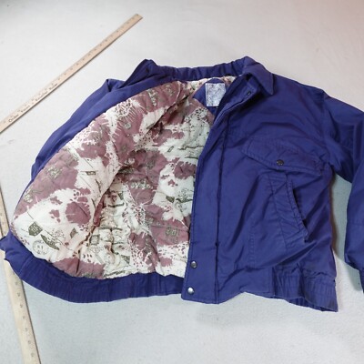 Vintage Map Lined Jacket Womens Medium Blue Puffer Coat Exploration Aviation