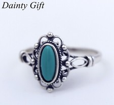Women Girl 925 Sterling Silver Oval Blue Turquoise Stone Ring Size 5-8