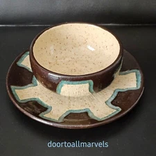 Vintage MCM Studio Pottery Breakfast Plate & Bowl Set Speckled Glaze Signed