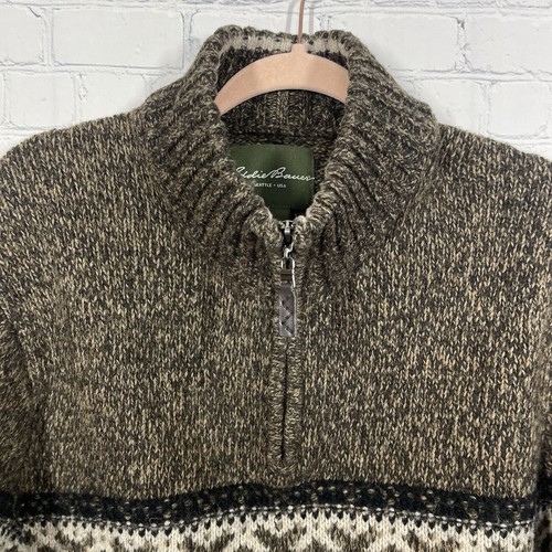 VTG 90's Eddie Bauer Sweater Men XL Brown Chunky Lambs Wool Knit Fisherman Zip - Picture 5 of 11