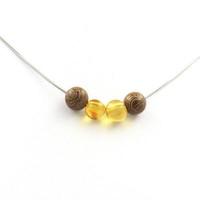 Halskette 4 Holzperlen 8 Mm + Echtes Bernstein Aus Der Ostsee Kette Aus Stahl