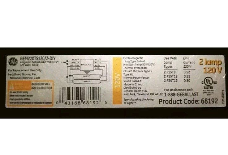 GE Lighting 68192 Magnetic Ballast, GEM220TS120/2-DIY, 2 lamp 120V ballast, 60