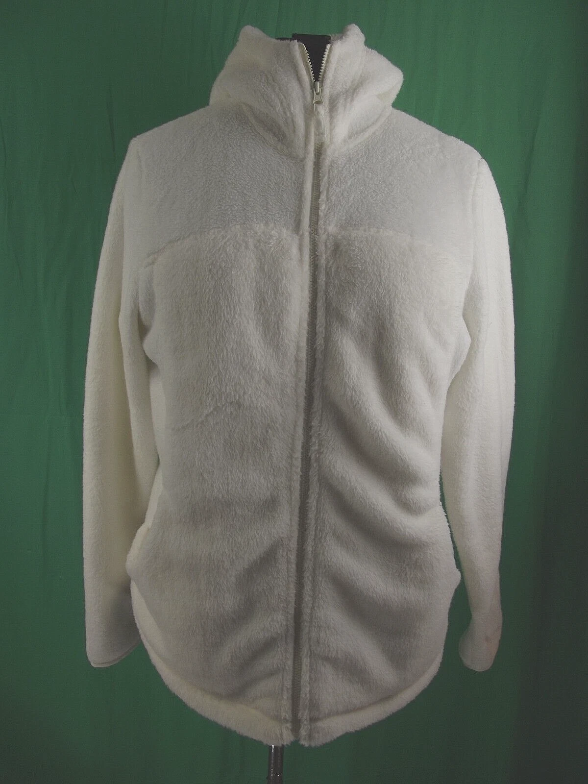 OFF WHITE Lands' End Cappotto Giacca Pile Donna GRANDE Off White Full Zip con Cappuccio Elasticizzato L