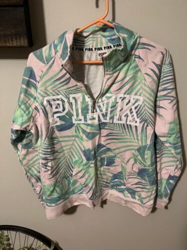 VS Pink Quarter Zip Tropical Print Sweatshirt Size Small - Picture 1 of 5