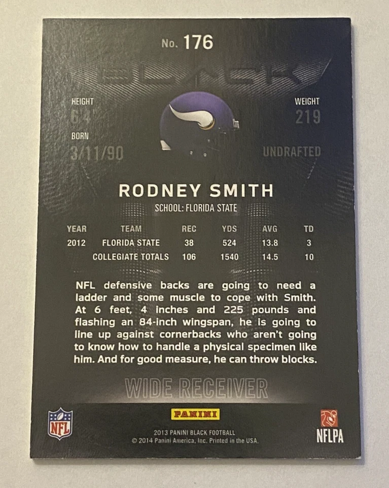 2013 Panini Black / 399 Rookie Rodney Smith # 176  - Image 2 of 2