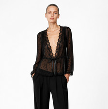 Christian Dior Black Lingerie Peignoir Sheer Swiss Dot Lace Blouse Top XS S VTG