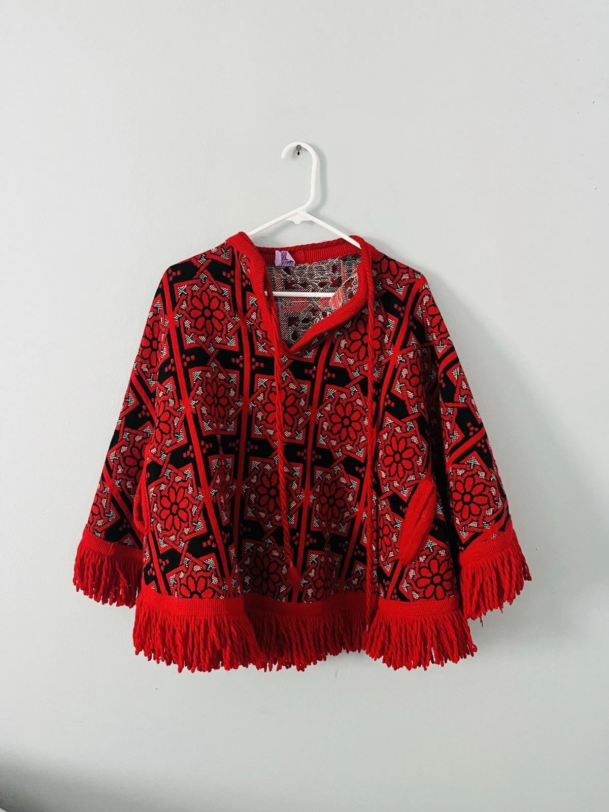 60s Western Poncho Womens Wool Fringe Cowgirl Cape Medium Festival Knit