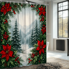 Christmas Shower Curtain with Red Poinsettias and Snowy Pines