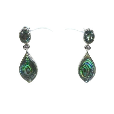 Natural Abalone/Paua Shell & White CZ Solid Sterling Silver Drop Post Earrings
