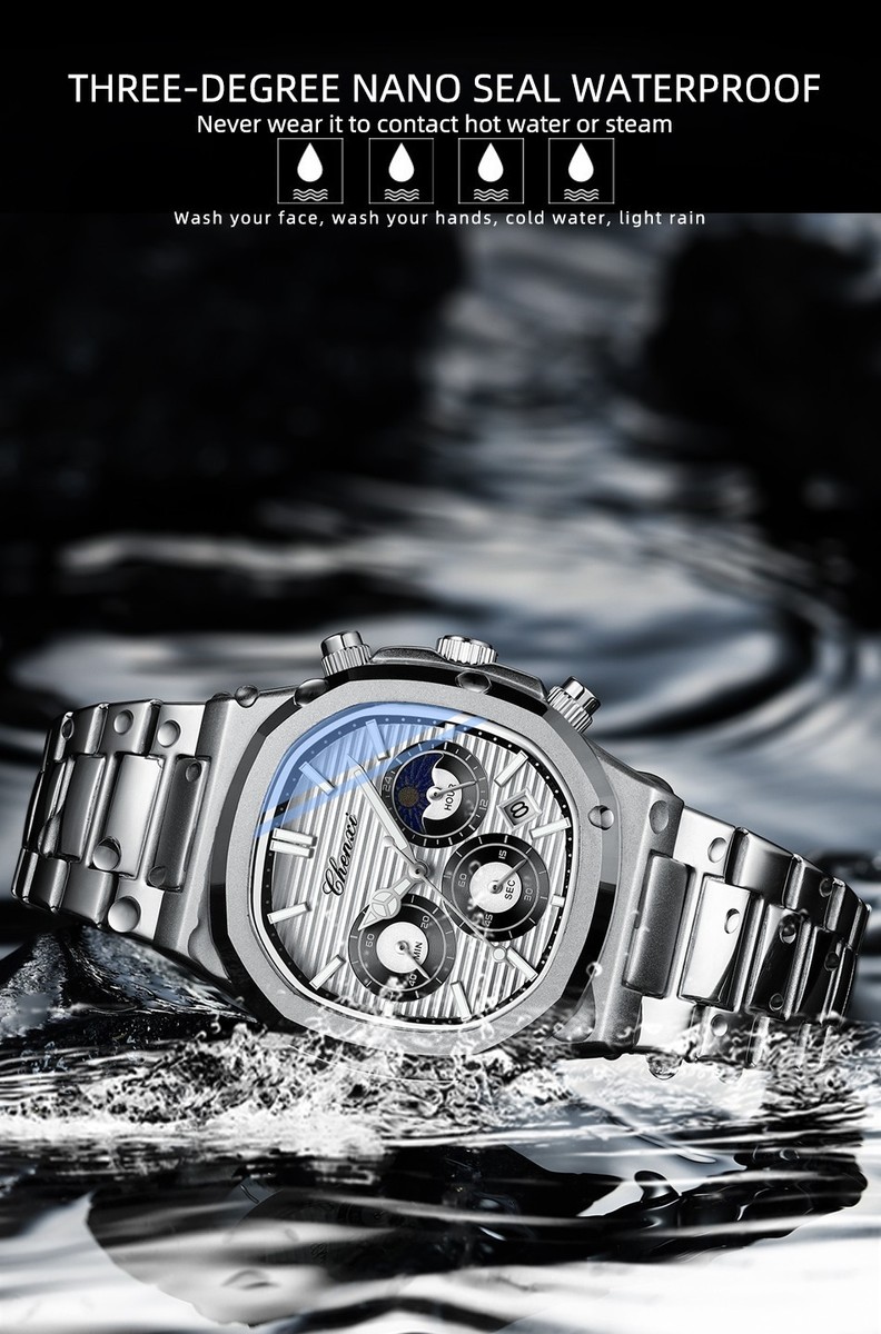 CHENXI Men Gold Steel Multifunction Chronograph Calendar Moon