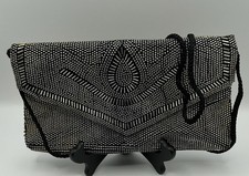 Black  Silver Beaded Foldover Clutch Evening Bag w/ Strap Magnetic Closure