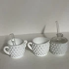 Vintage Mini Fenton Milk Glass Hobnail Creamer, Sugar & Honey Dish Set Of 3, 2"H