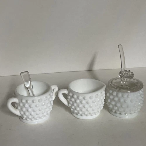 Vintage Mini Fenton Milk Glass Hobnail Creamer, Sugar & Honey Dish Set Of 3, 2"H