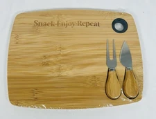 Snack. Enjoy. Repeat. Bamboo Charcuterie Cheese Board w/ Utensils 8.5x11 New