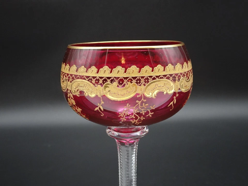EARLY SAINT ST LOUIS CRYSTAL RUBY WINE HOCK GLASS GILT ENGRAVED DESIGNS - Image 2 of 4