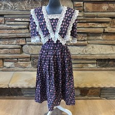 Gunne Sax Vintage Floral Cotton Dress with White Lace Trim