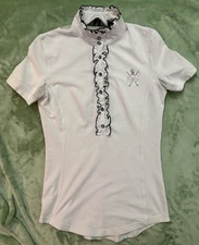 Goode Rider Luxe Show Shirt XS White Button Up Ruffle Mock Neck Rhinestone Logo