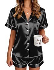 Pajamas for Women Short Sleeve Satin Sleepwear Button Down Silk Pjs Set Soft ...