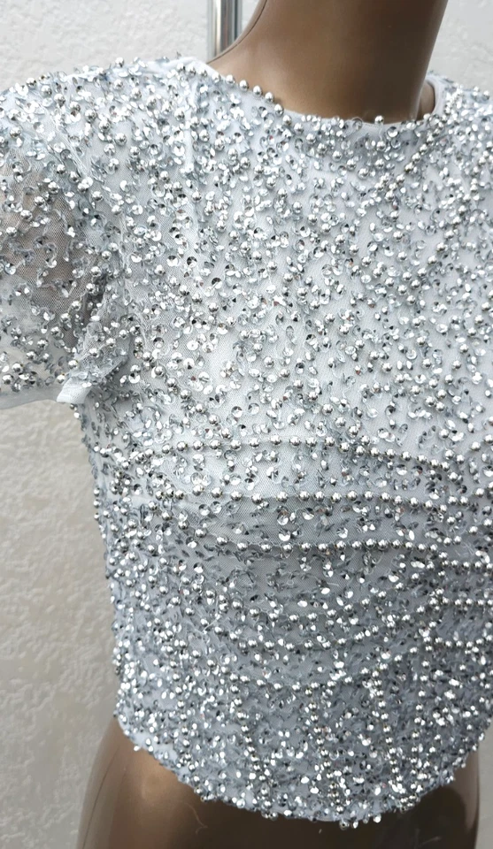 Coast Silver All Over Sequin Embellished Top Blouse Size 10 Xmas Party - Image 2 of 4