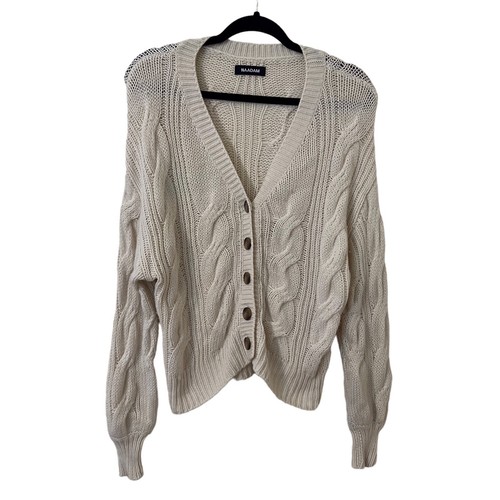 Naadam Size Medium Cream Boho Beach Cashmere Wool Cable Knit Cardigan 