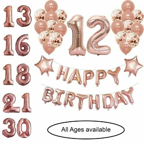 OUTBOXX LTD ROSE GOLD HAPPY BIRTHDAY FOIL BALLOONS BUNTING BANNER NUMBERS DECORATIONS SET...