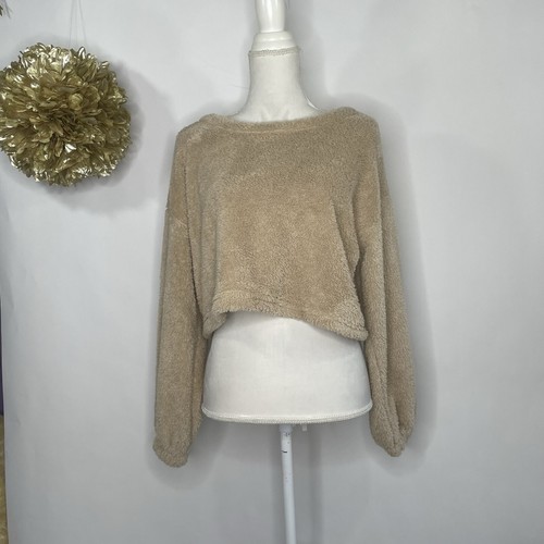 Zaful Teddy Bear Cropped Sweatshirt Women's XL Beige Long Sleeve Faux Fur Shaggy