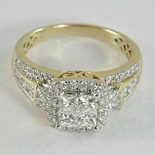2Ct Princess Cut Lab Created Diamond Halo Engagement Ring 14k Yellow Gold Plated - Picture 3 of 4