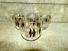 6 Vtg Federal Diamond Harlequin Roly Poly Old Fashioned Black Gold Glasses MCM