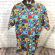 TL Size 2XL Multi Color Santa Cluas Snowman Christmas V Neck Pockets Scrub Top
