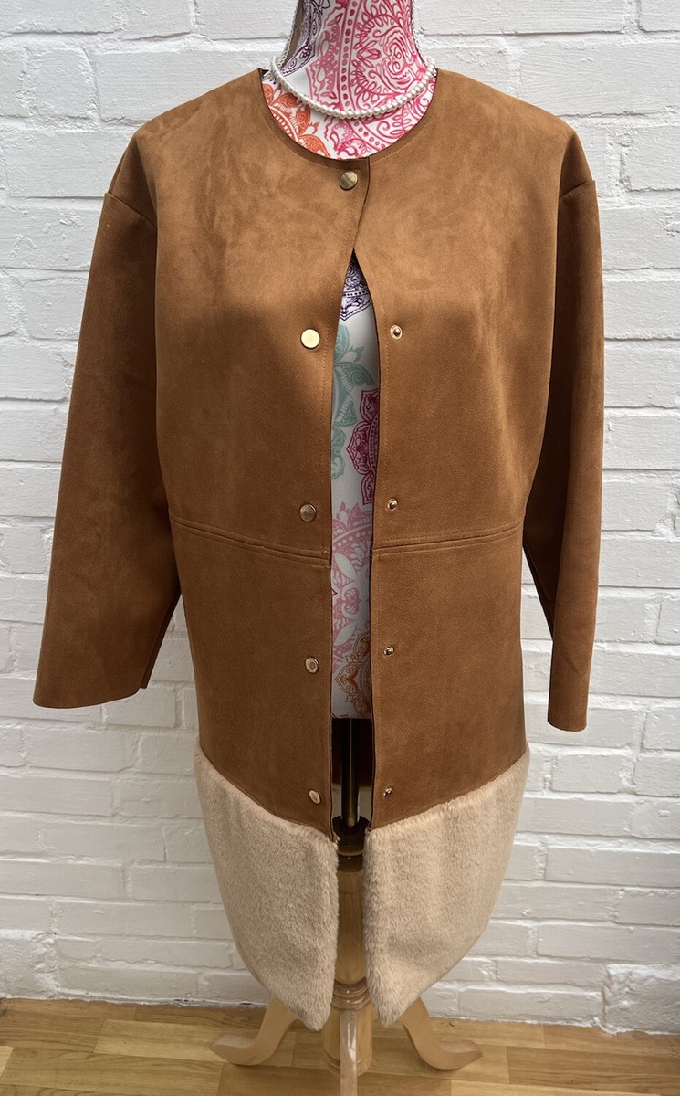 Zara Faux Suede Fur Coat Tan Brown Medium Button Winter Jacket