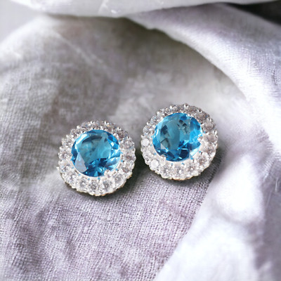 Swiss Blue Topaz Gemstone Cubic Zirconia Earrings ,  925 Sterling Silver Jewelry