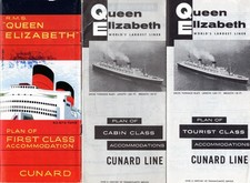 1950s-60 RMS QUEEN ELIZABETH Deck Plan Set w/ First, Cabin & Tourist w/ Photos