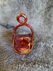 Fenton Handmade Red Glass Decorative Basket With Handles Curved Glossy Finish