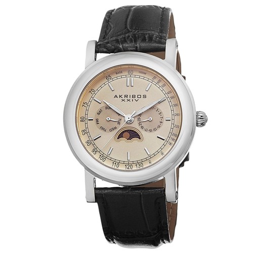 Akribos XXIV AK632SSW Tachymètre Jour Date Lune Phases Noir Sangle Montre Hommes - Photo 1 sur 3