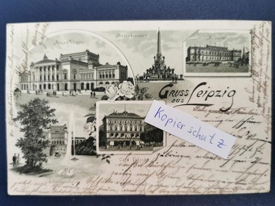 Postcard Leipzig new theater Mendebrunnen museum cafe Felsche used 18.07.1903 Rochlitz