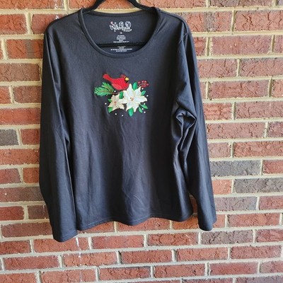 Nouveaux Women T-Shirt Top Black Northern Cardinal Lily Embroidered 1X