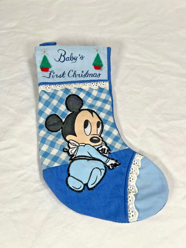 Baby's First Christmas Mickey Mouse Mini Stocking Blue Gingham Holiday Decor