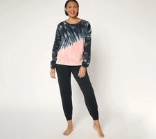 AnyBody Cozy Knit Tie-Dye Top and Jogger Set-Black/Blush-Petite 1X A675367 NEW