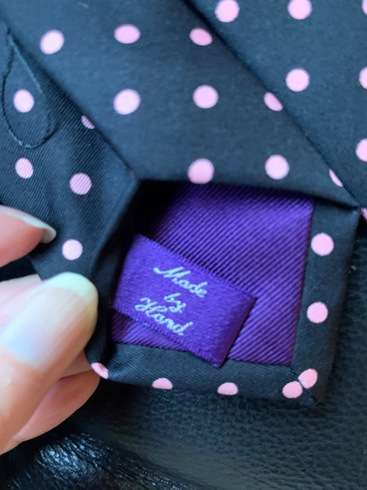 Corbata Ralph Lauren Etiqueta Púrpura Seda Negra con Lunares Rosados 3.5"x59.5" Italia Foto 3 de 4